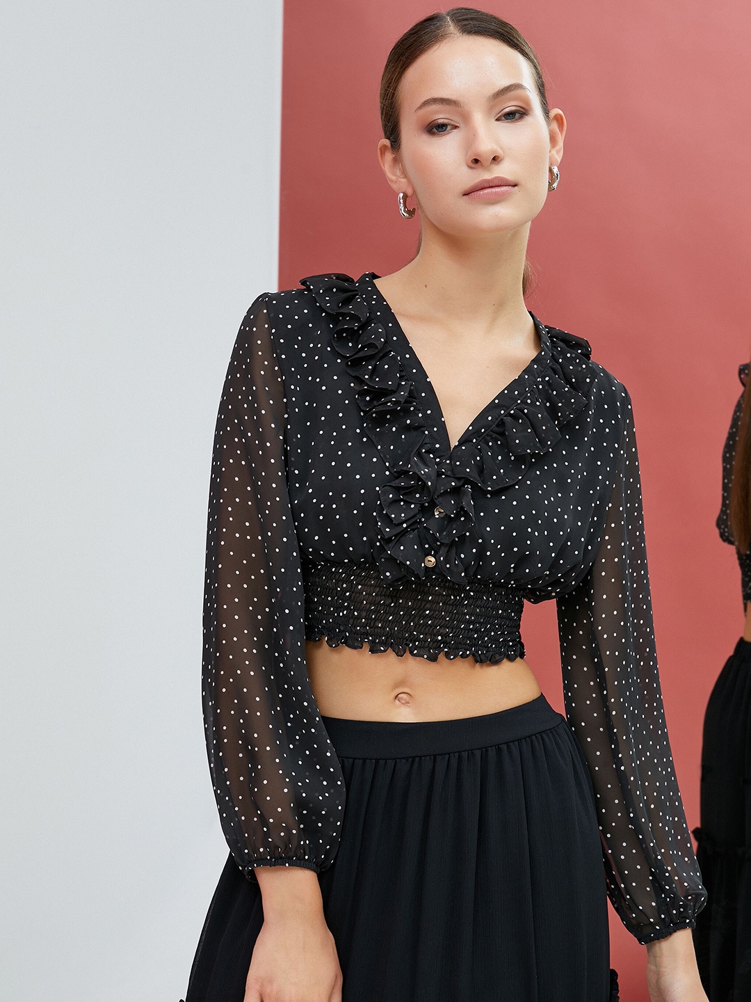 

Koton Polka Dots Printed Ruffled Smocked Crop Top, Black