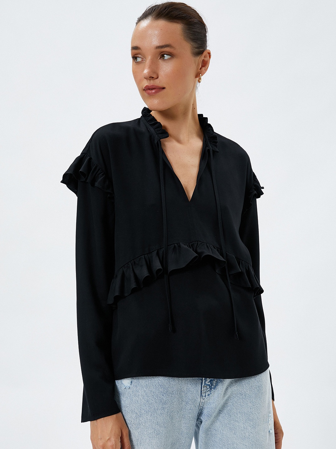 

Koton Tie Up Neck Flared Sleeves Cotton Ruffled Top, Black