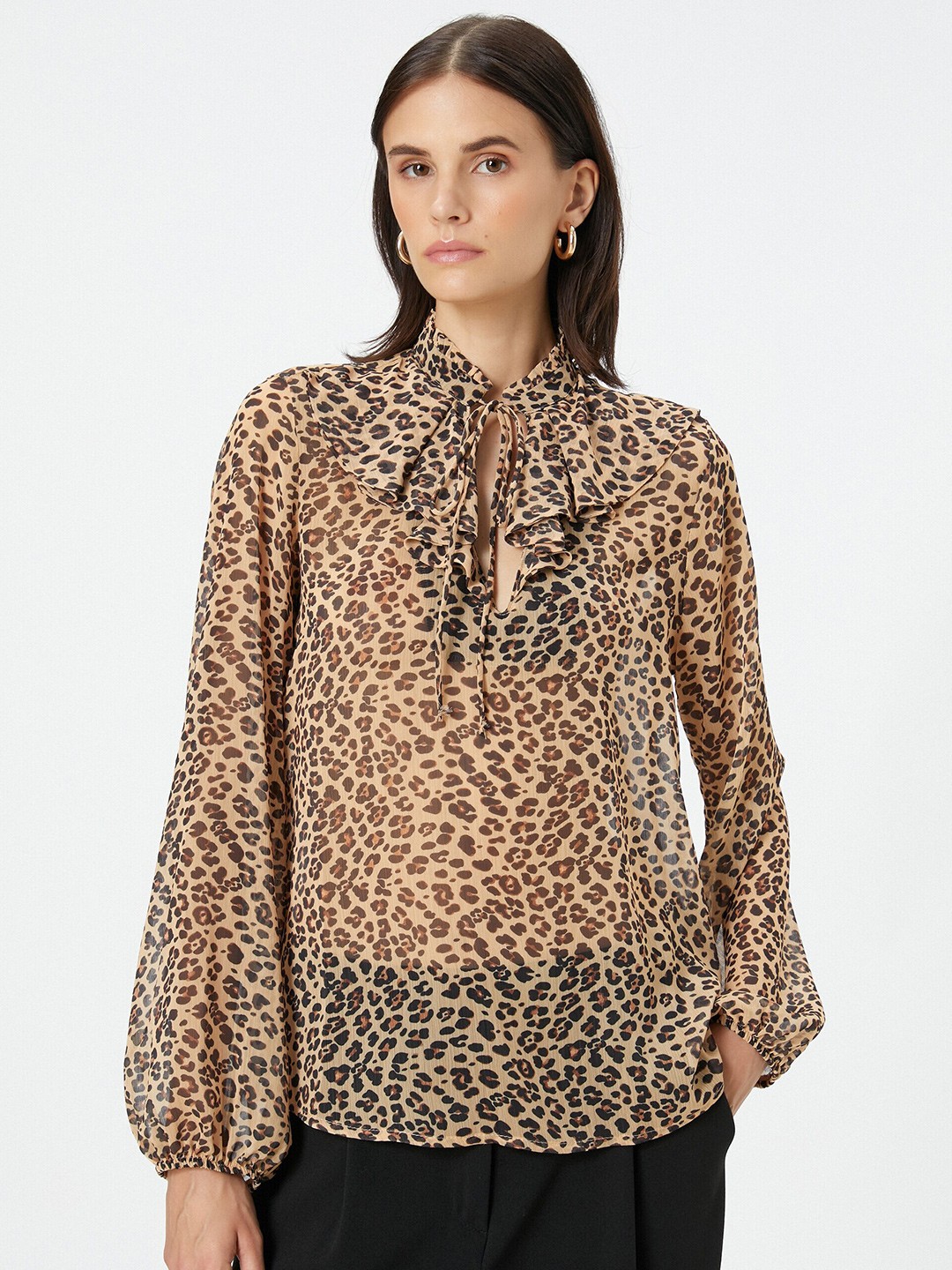 

Koton Animal Printed Puff Sleeves Tie-Up Neck Top, Beige