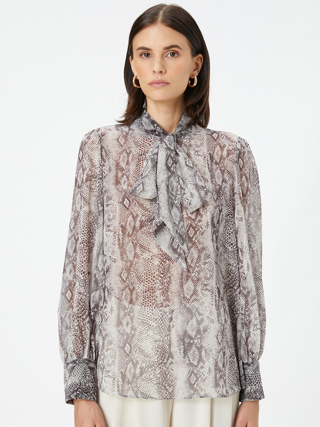 

Koton Animal Printed Tie-Up Neck Top, Grey