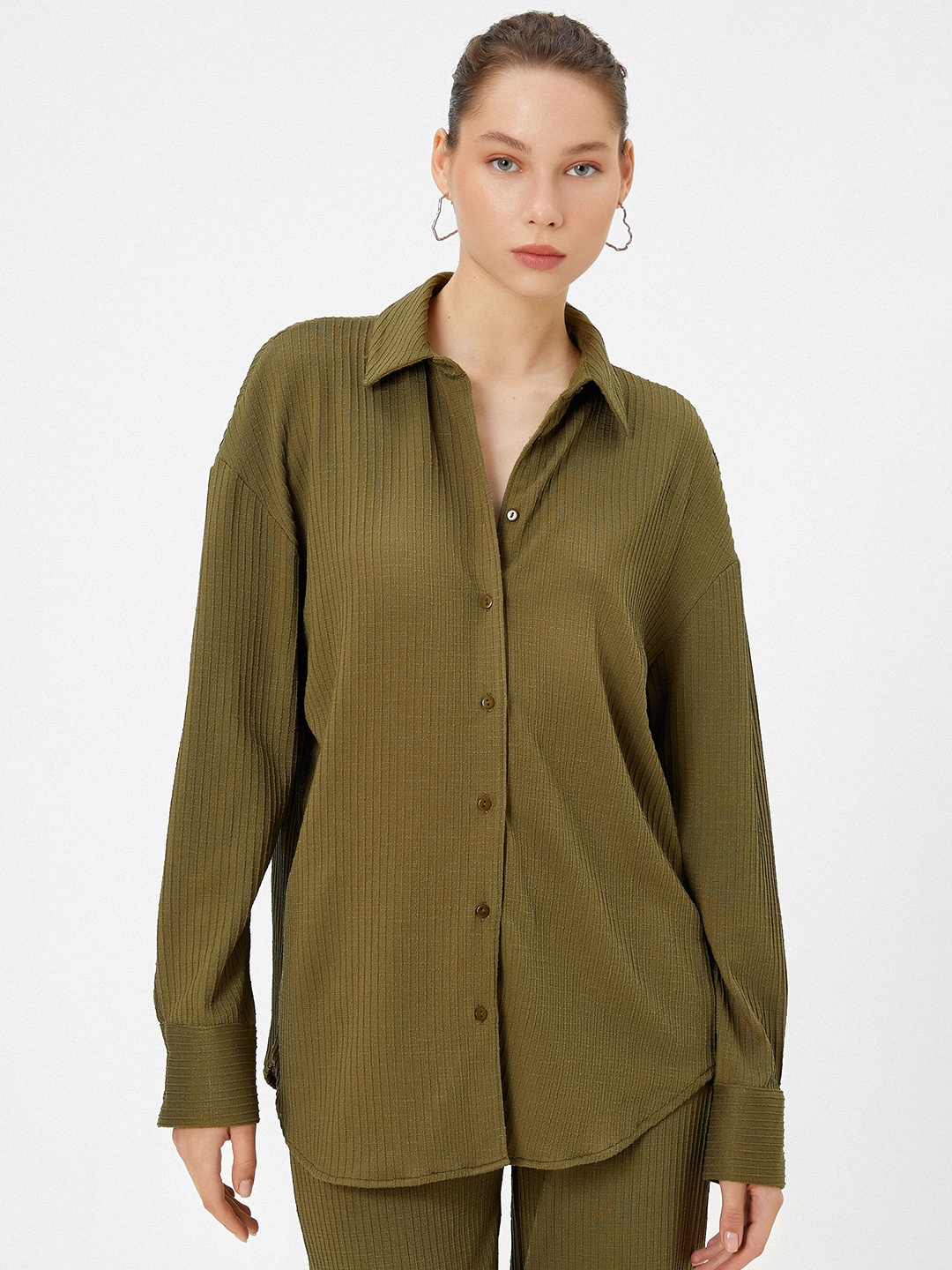 

Koton Self Design Shirt Collar Cuffed Sleeves Shirt Style Top, Khaki