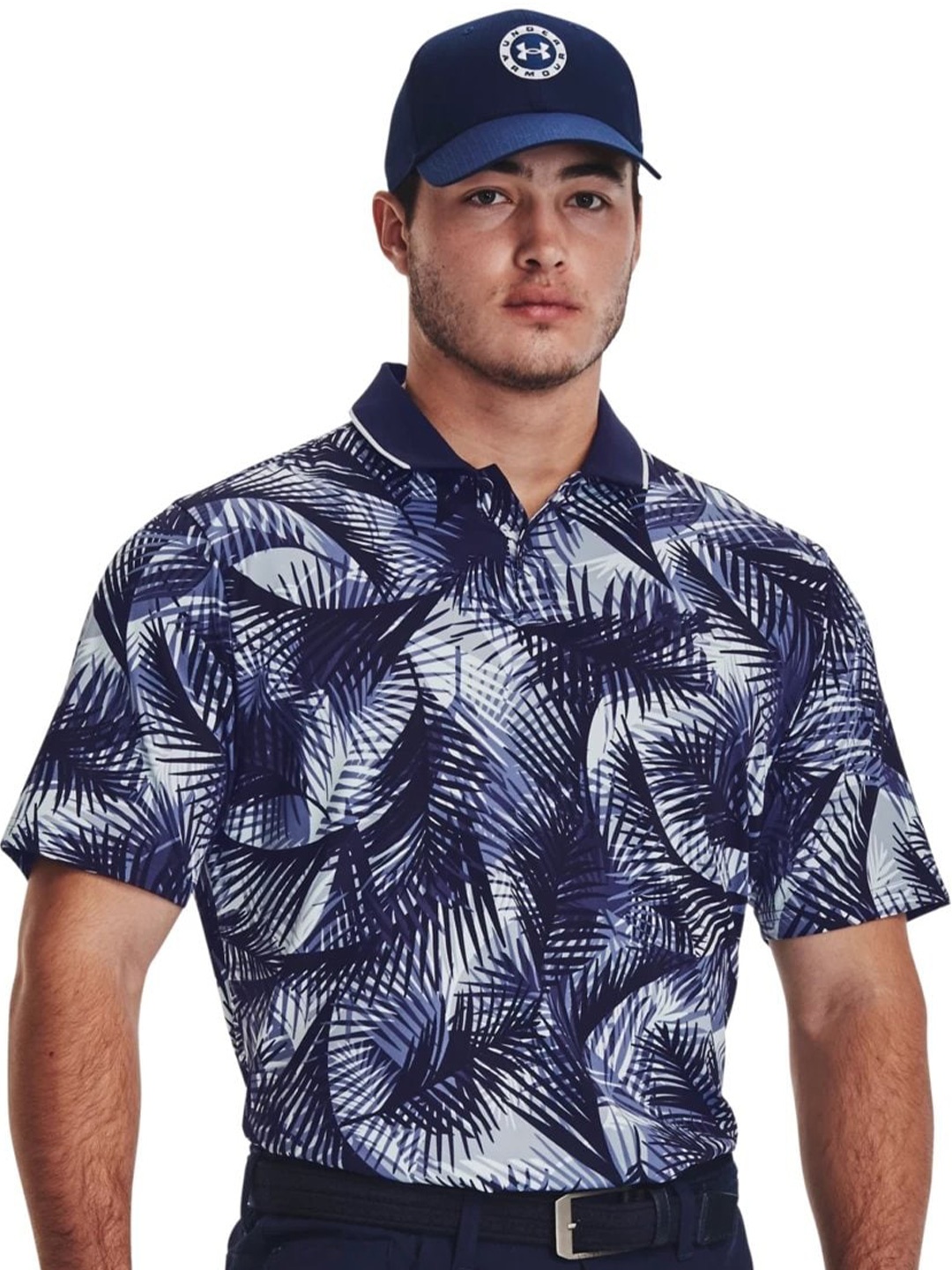 

UNDER ARMOUR Iso-Chill Palm Graphic Printed Polo Collar T-Shirt, Blue