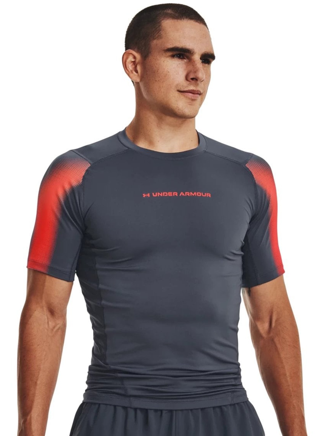 

UNDER ARMOUR HeatGear Brand Logo Printed Short Sleeves Compression Fit T-shirt, Grey