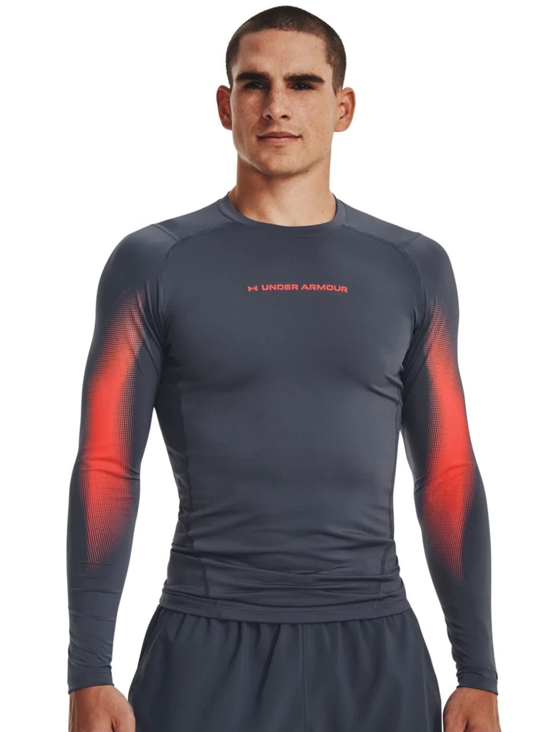 

UNDER ARMOUR HeatGear Long Sleeves Brand Logo Printed Compression Fit T-Shirt, Grey