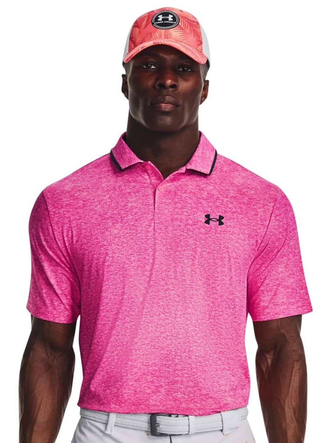 

UNDER ARMOUR Brand Logo Printed Iso-Chill Polo Relaxed-Fit Short Sleeves T-Shirt, Pink
