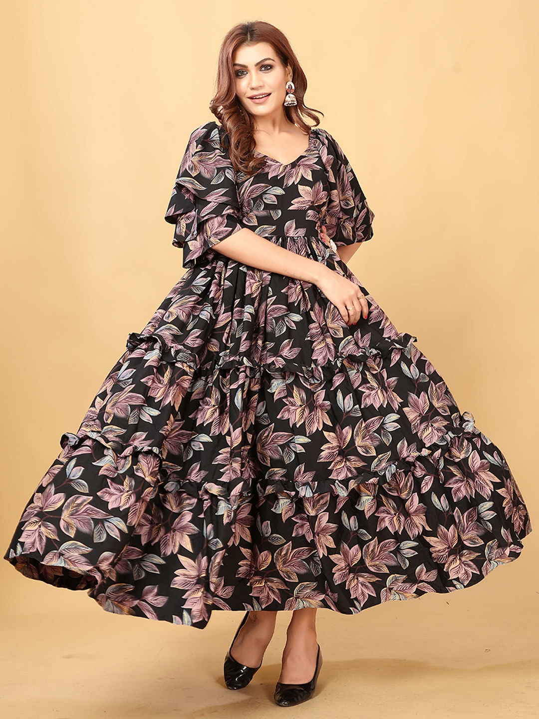 

SIDYAL Floral Printed Flared Sleeves Tiered Crepe Maxi Dress, Black