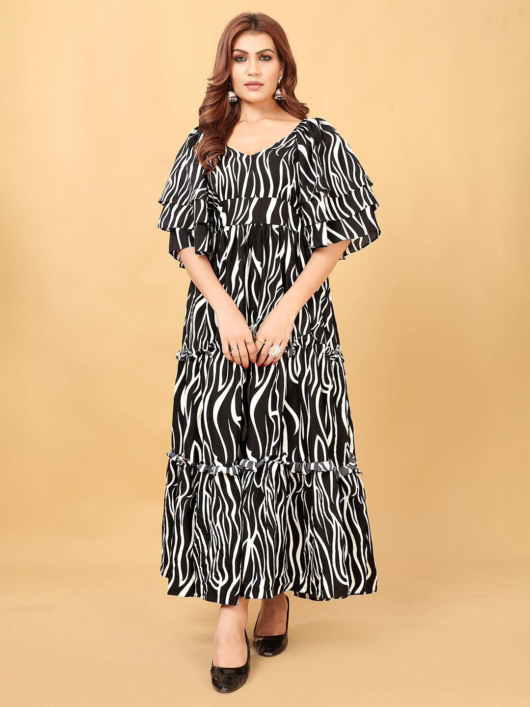 

SIDYAL Animal Print Flared Sleeves Tiered Crepe Maxi Dress, Black