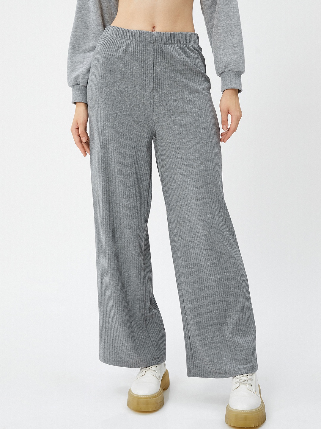 

Koton Women Textured Self Design Mid Rise Parallel Trousers, Grey