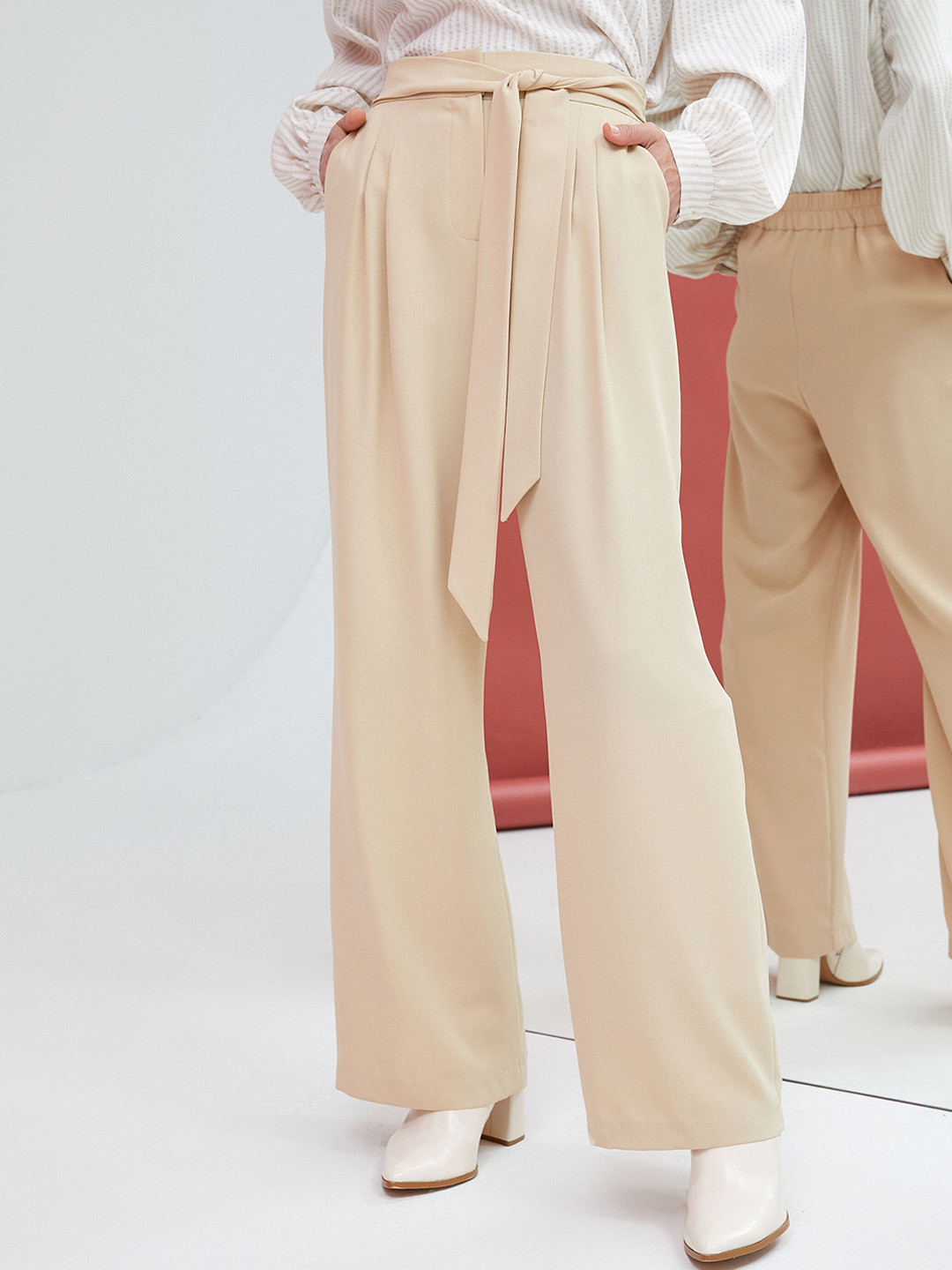

Koton Women Pleated Parallel Trousers, Beige