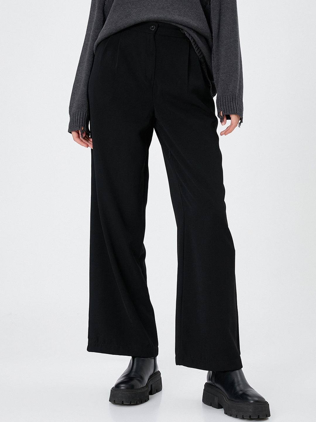 

Koton Women Mid Rise Plain Parallel Trousers, Black