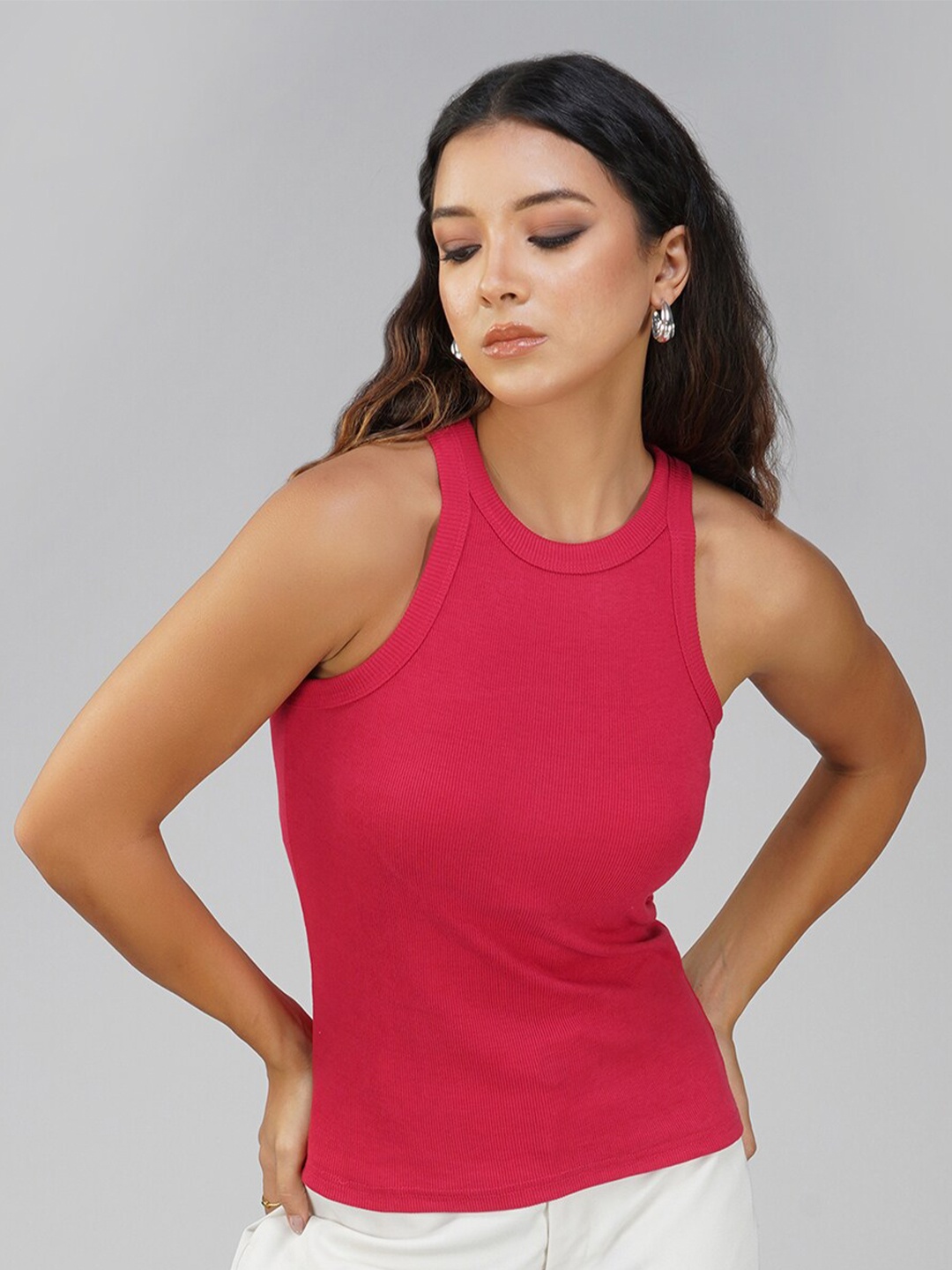 

Lagashi Ribbed Cotton Fitted Top, Pink