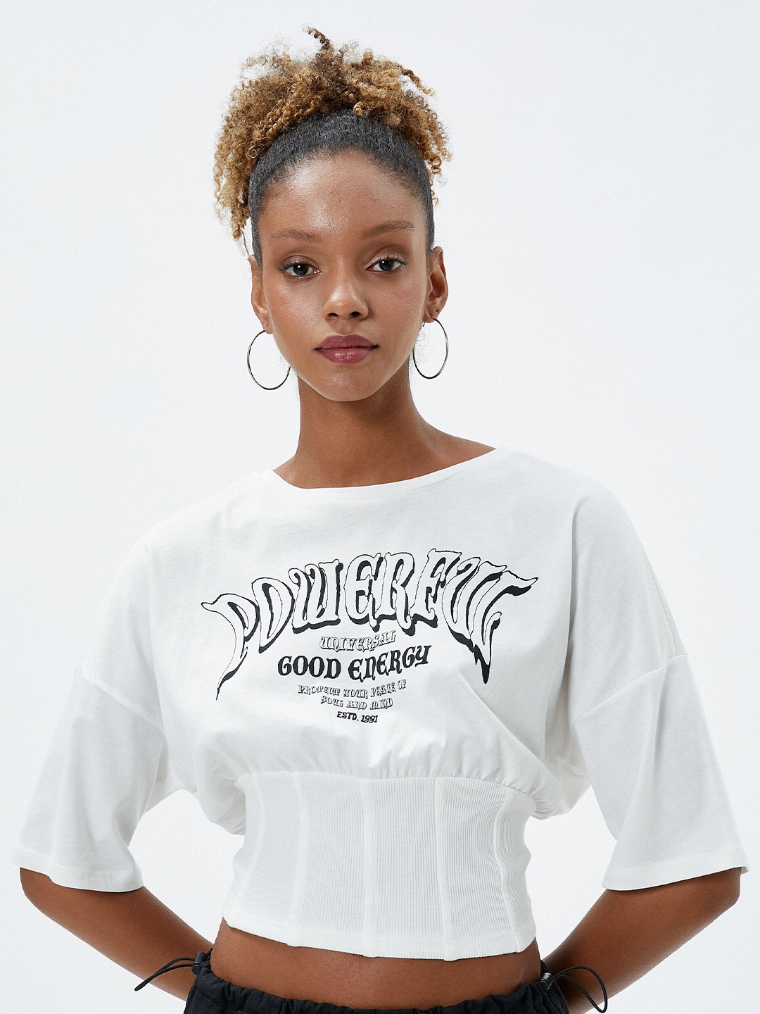 

Koton Typography Printed Smocked Detail Blousopn Top, White