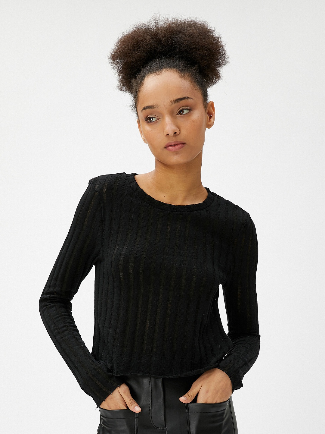 

Koton Self Design Knitted Crop Top, Black