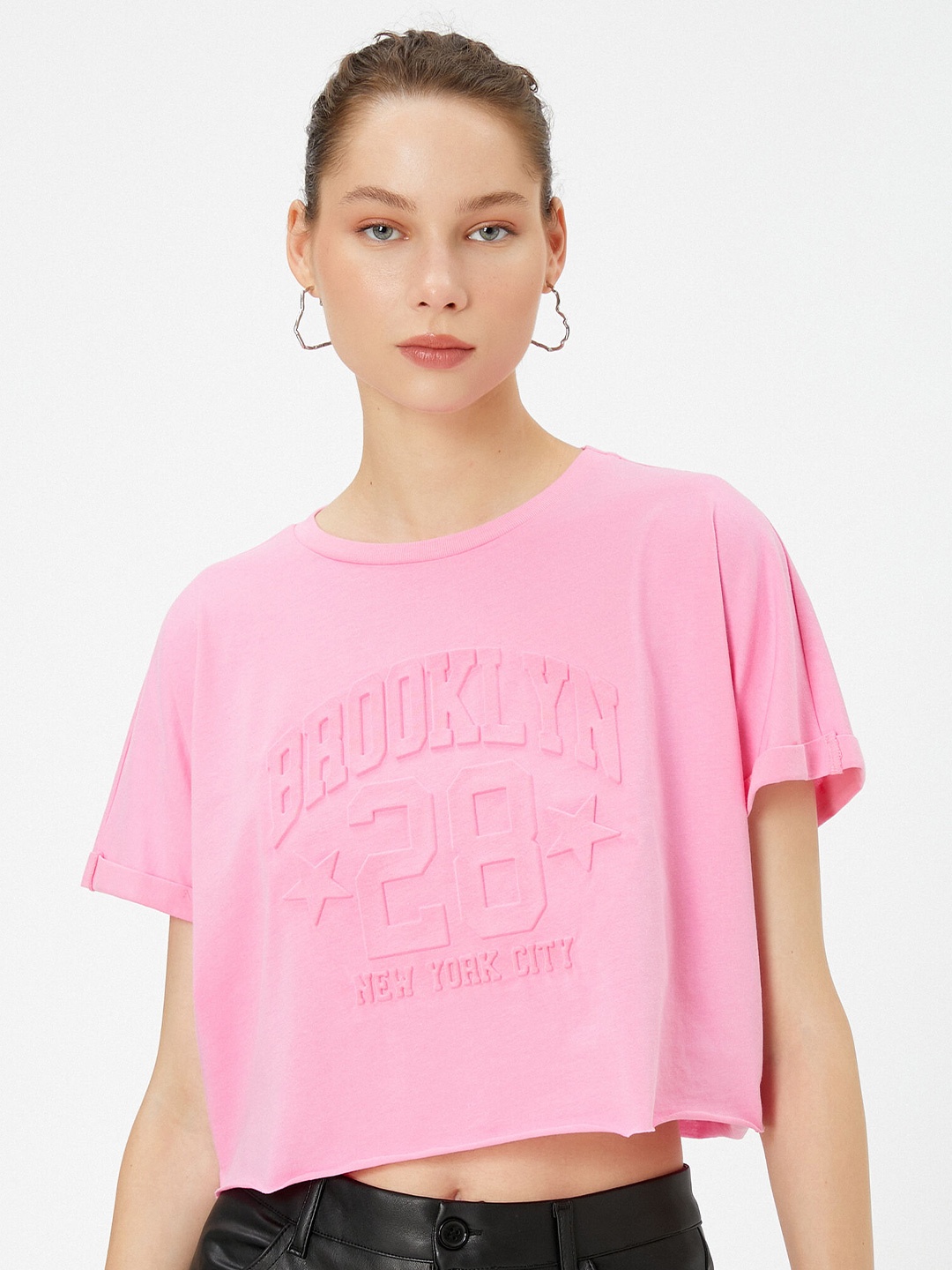

Koton Typography Printed Pure Cotton Crop T-shirt, Pink