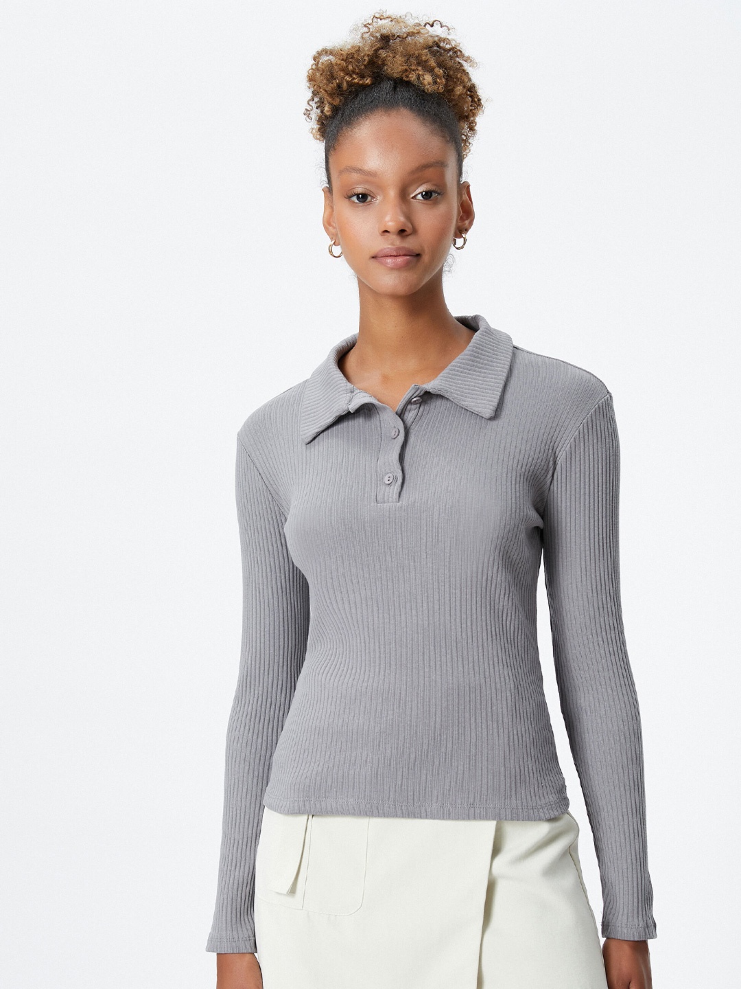 

Koton Ribbed Polo Collar Cotton T-shirt, Grey