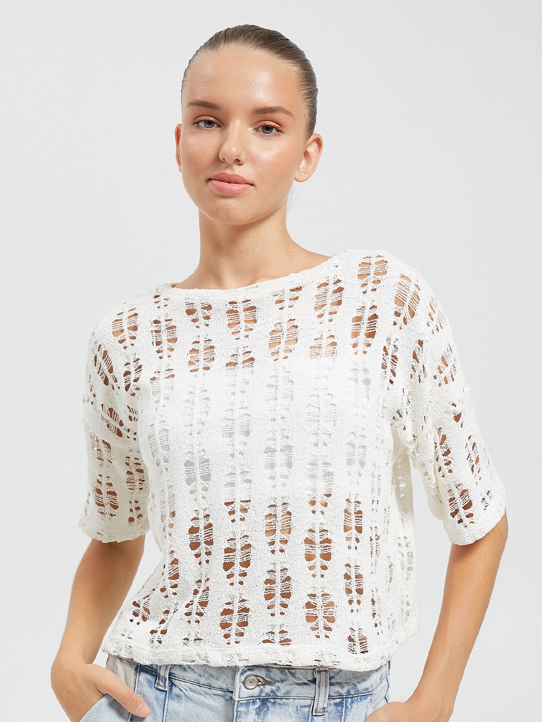 

Koton Self Design Boat Neck Sheer Top, White