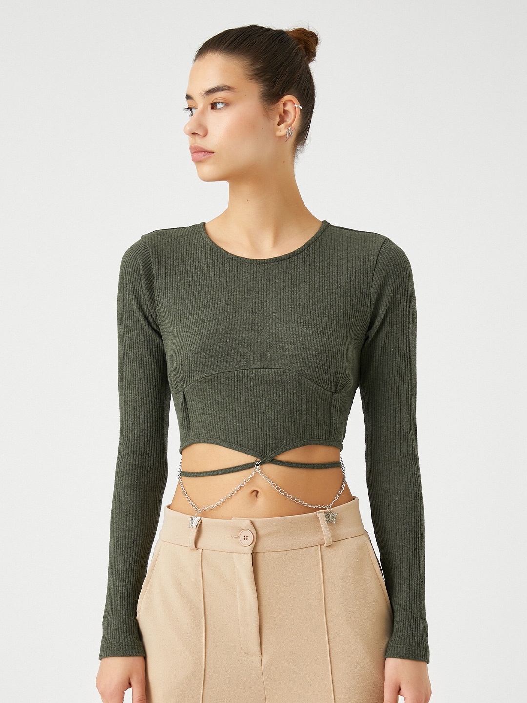 

Koton Round Neck Crop Top, Green