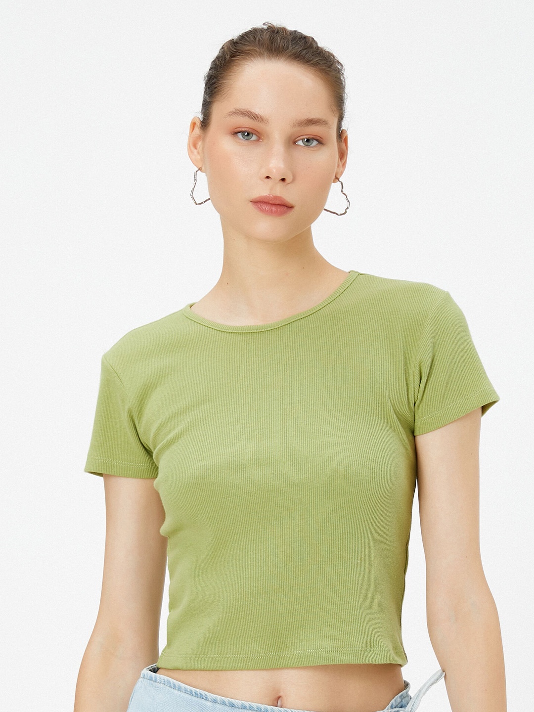 

Koton Round Neck Knitted Cotton Crop T-shirt, Green