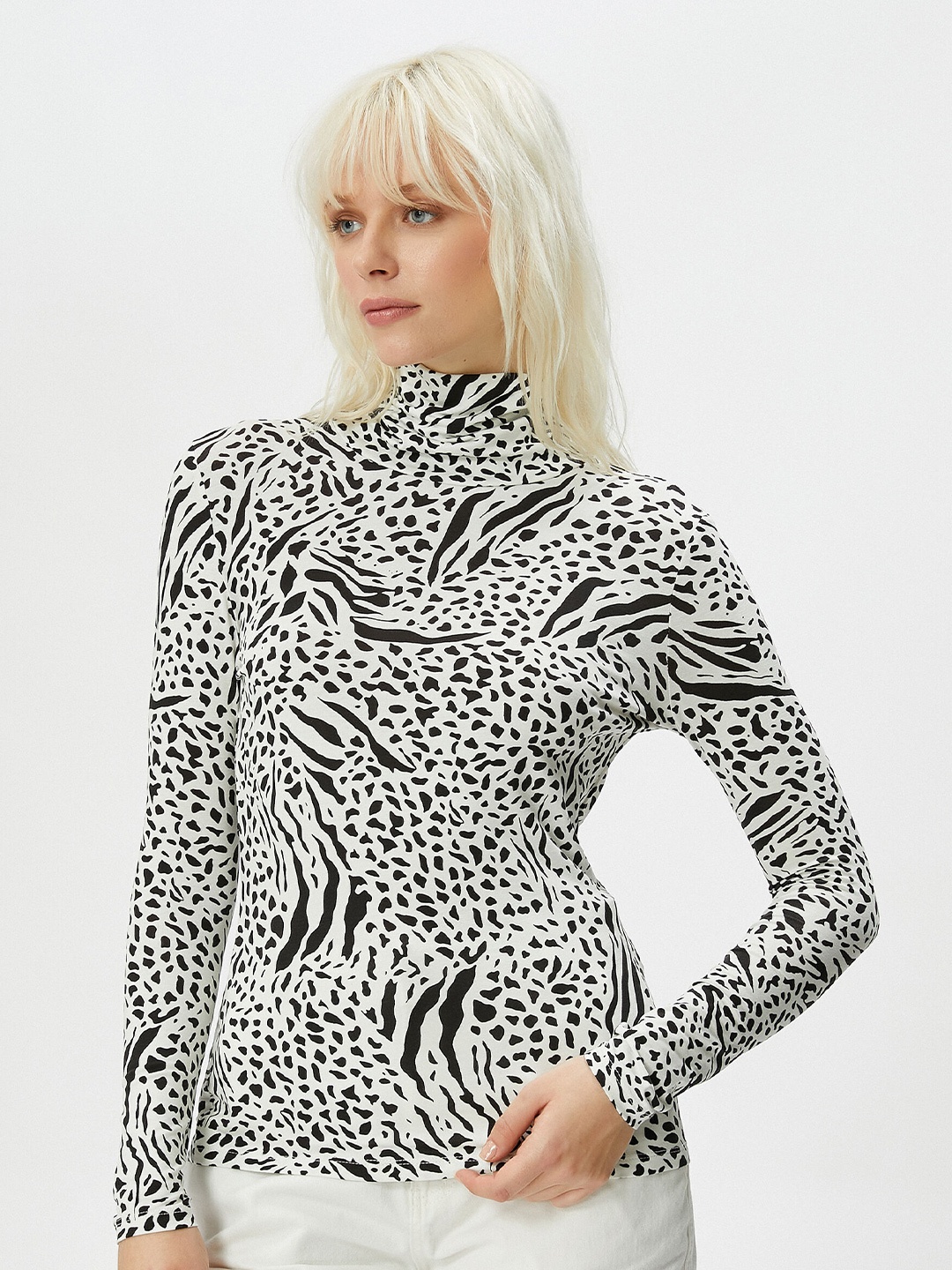 

Koton Animal Skin Printed High Neck Regular Top, White