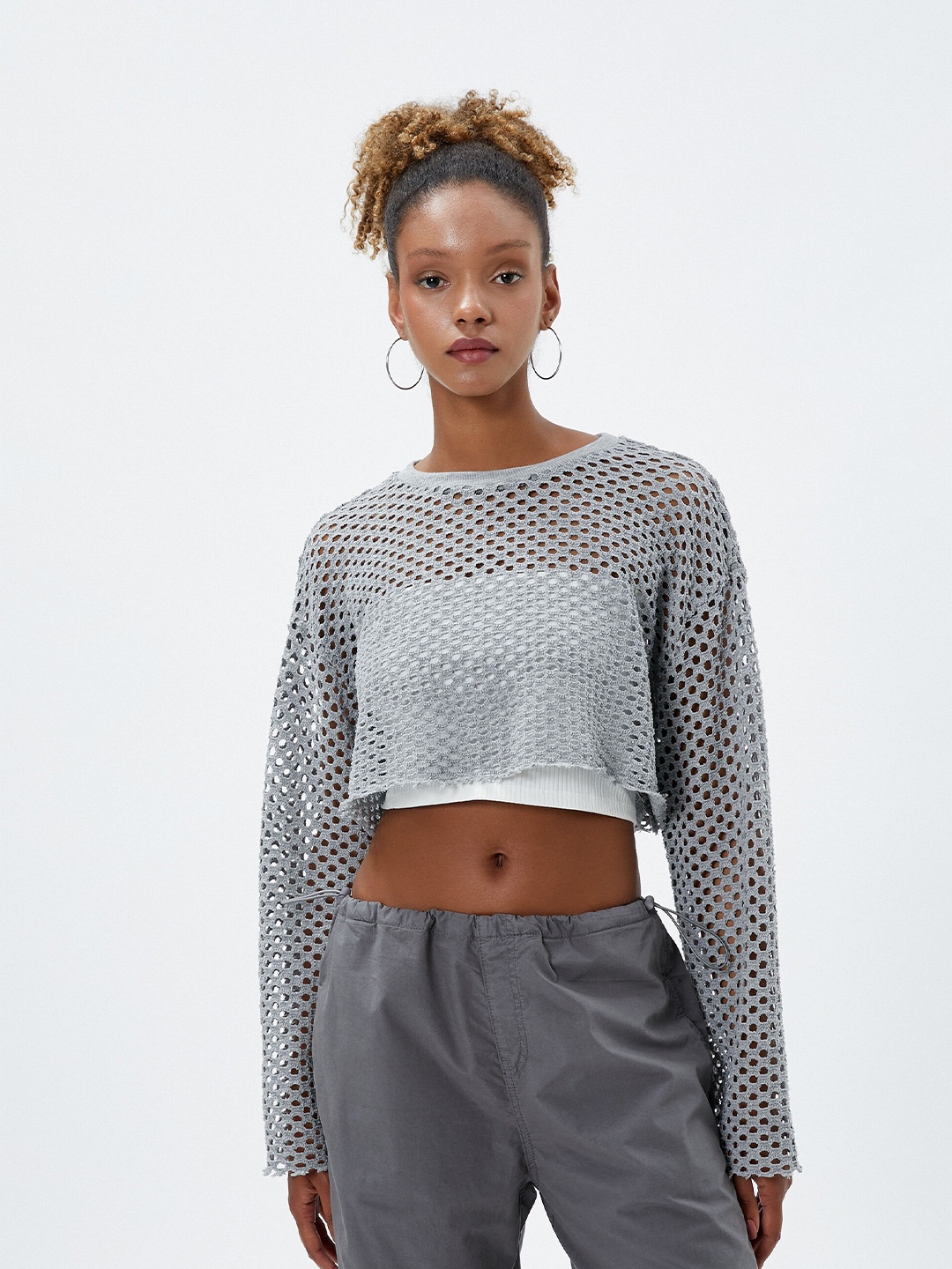 

Koton Self Design Knitted Crop Top, Grey