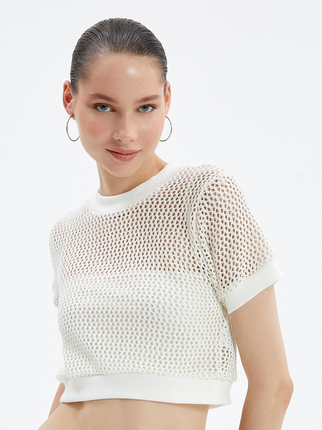 

Koton Self Design Semi-Sheer Round Neck Crop Top, Off white