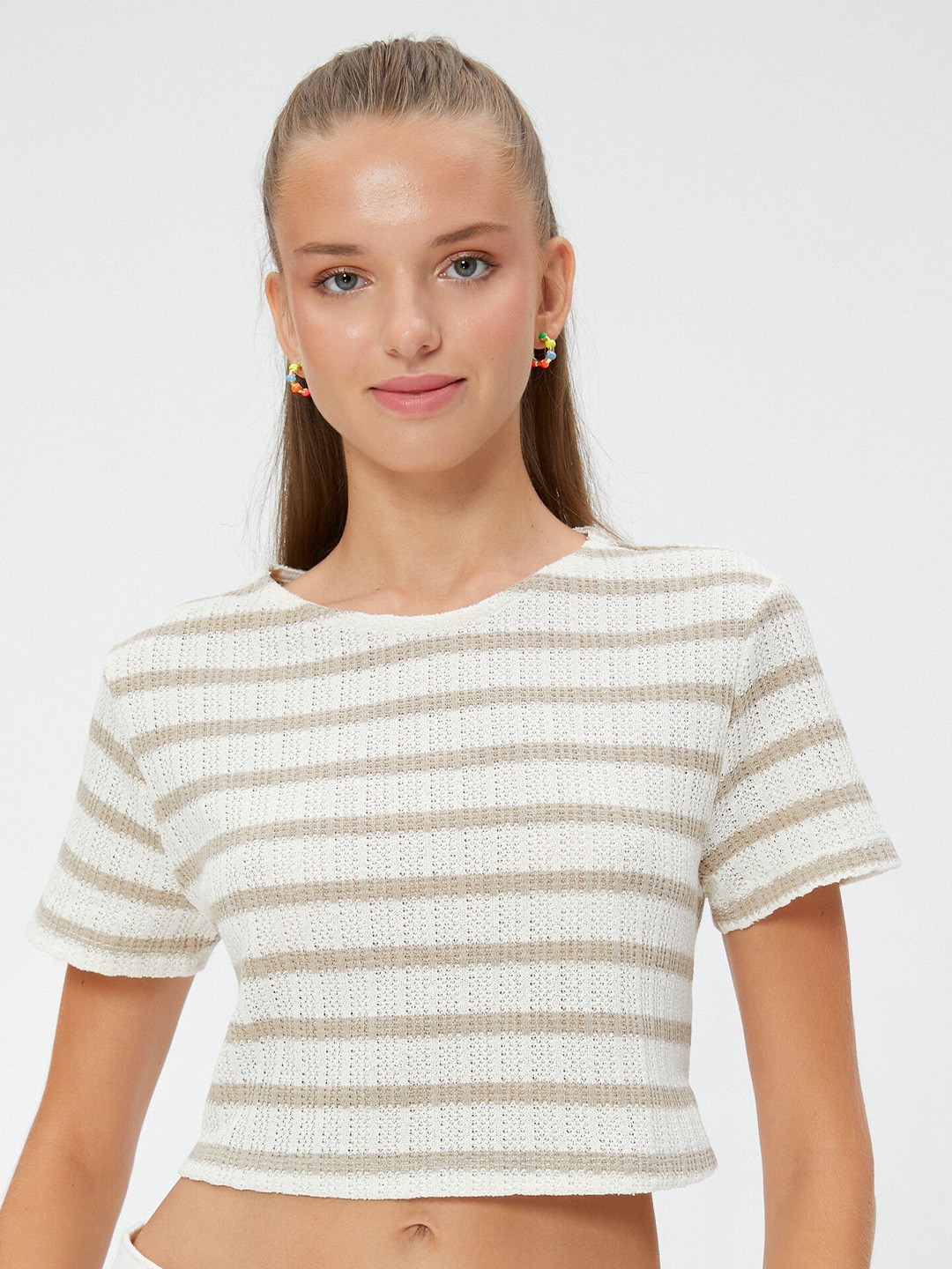 

Koton Striped Short Sleeves Crop T-shirt, Cream