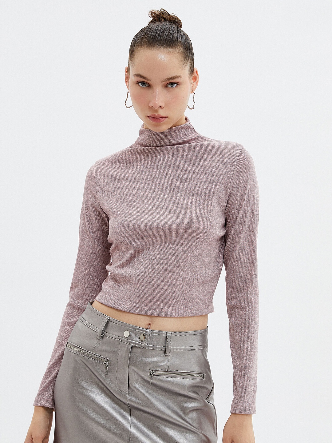 

Koton High Neck Long Sleeves Crop Top, Peach