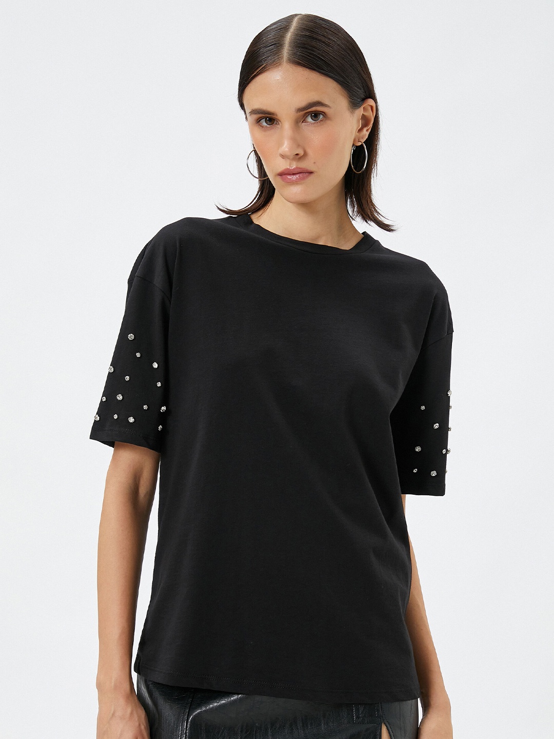 

Koton Round Neck Short Sleeves Embellished Pure Cotton T-shirt, Black