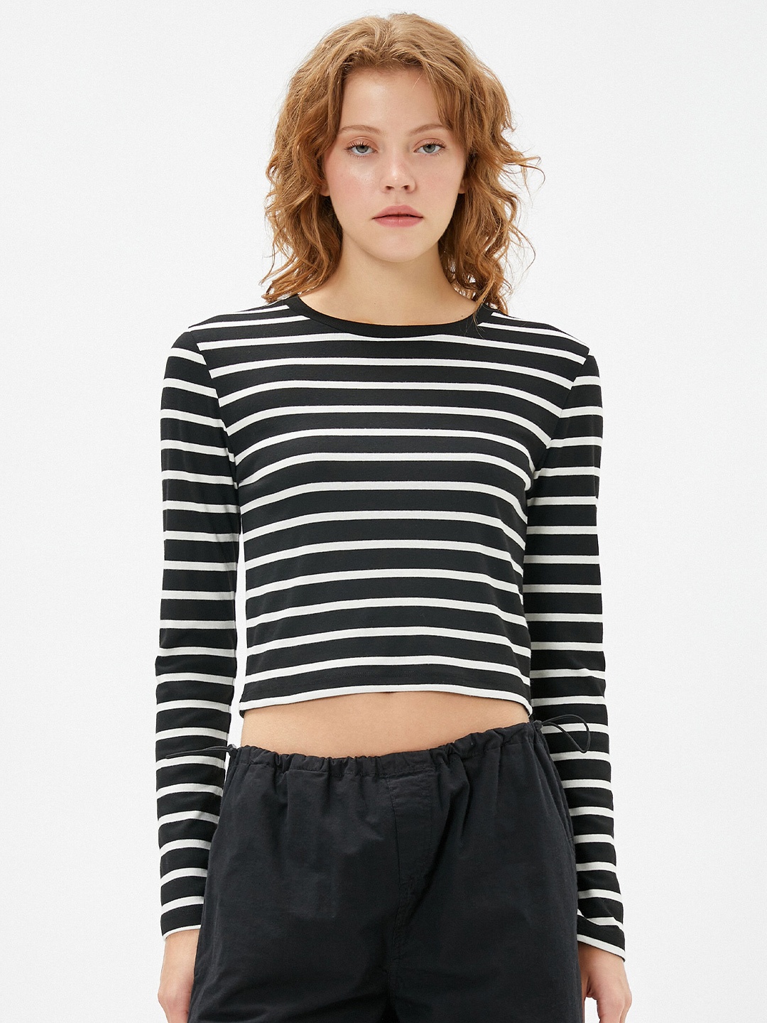 

Koton Striped Monochrome Crop T-shirt, Black