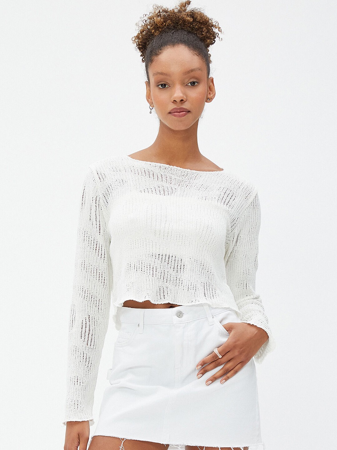 

Koton Self Design Knitted Crop Top, White
