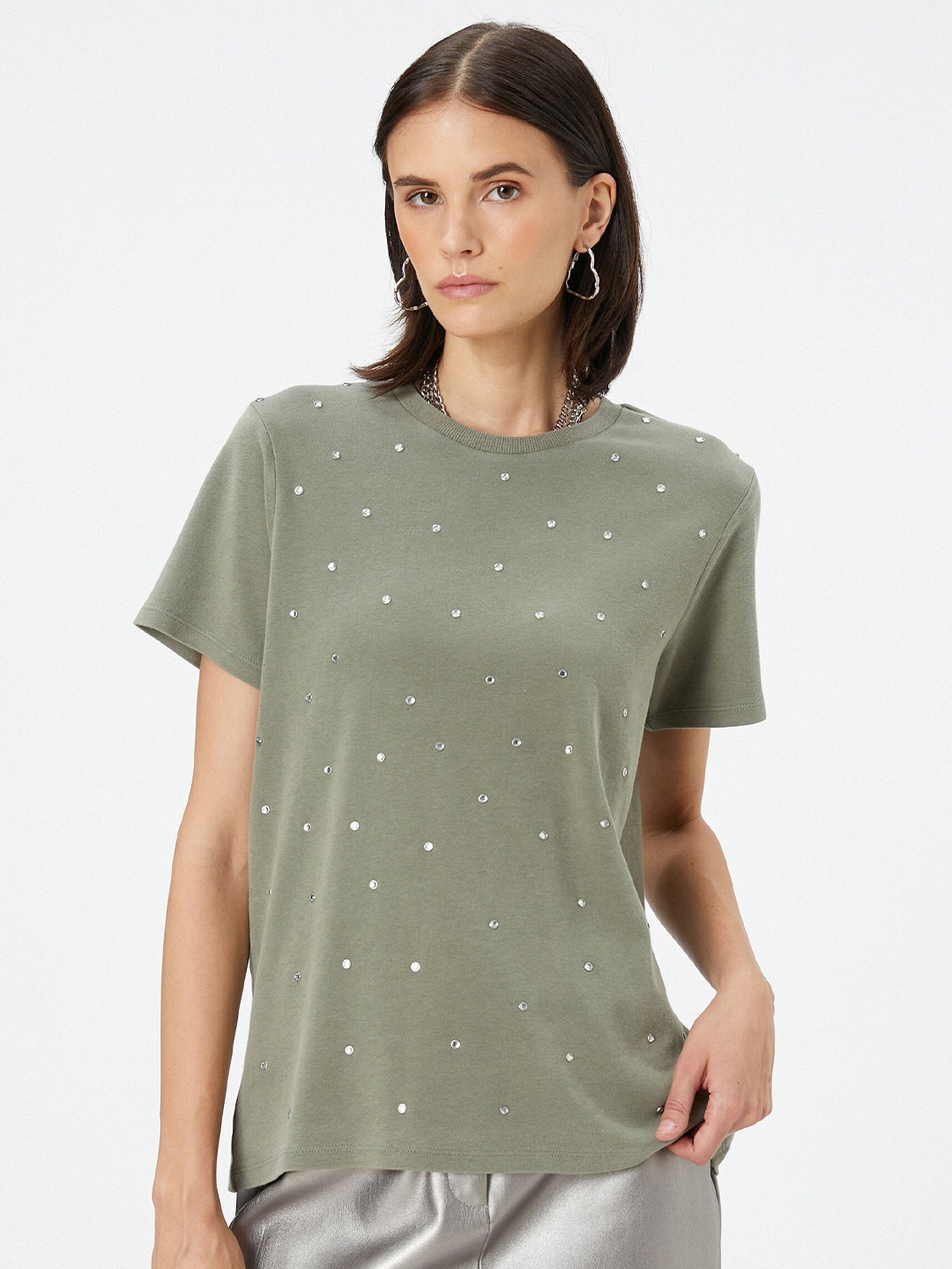 

Koton Round Neck Embellished Pure Cotton T-shirt, Green