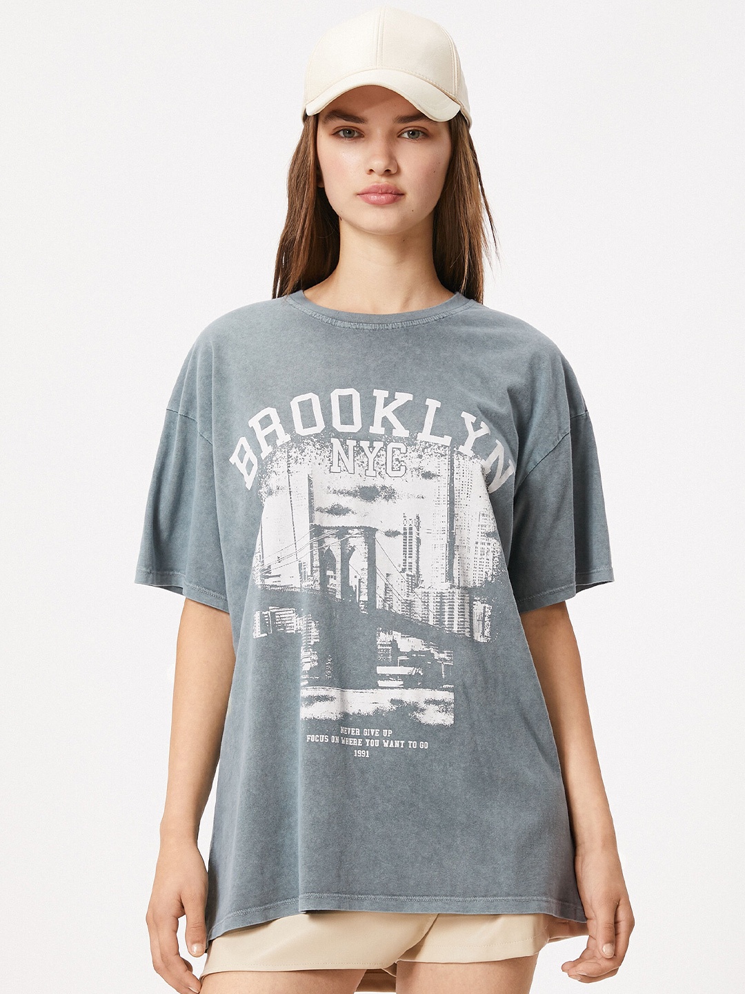 

Koton Graphic Printed Pure Cotton Longline T-shirt, Blue
