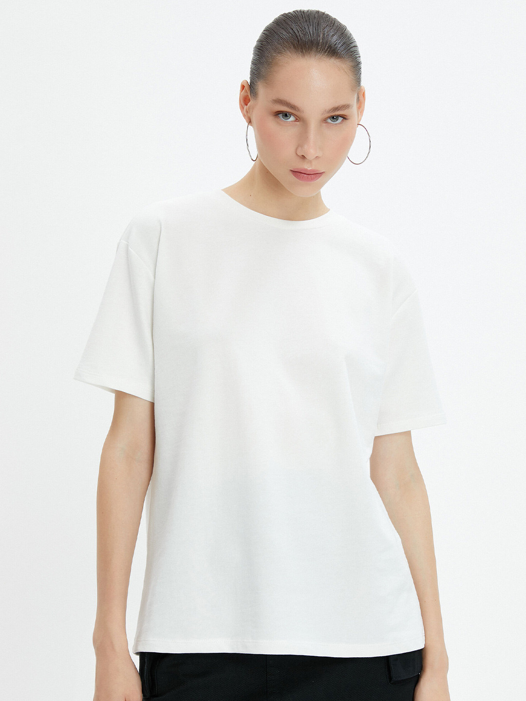 

Koton Round Neck Drop-Shoulder Sleeves Pure Cotton Casual T-shirt, White