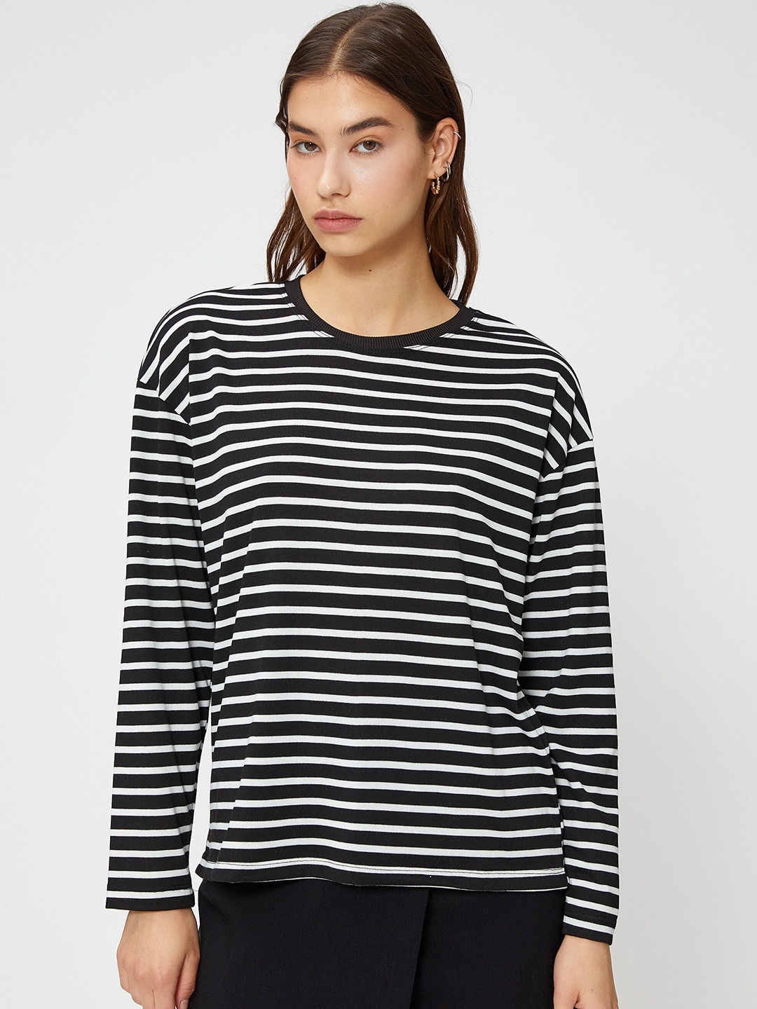 

Koton Striped Round Neck Casual T-Shirt, Black