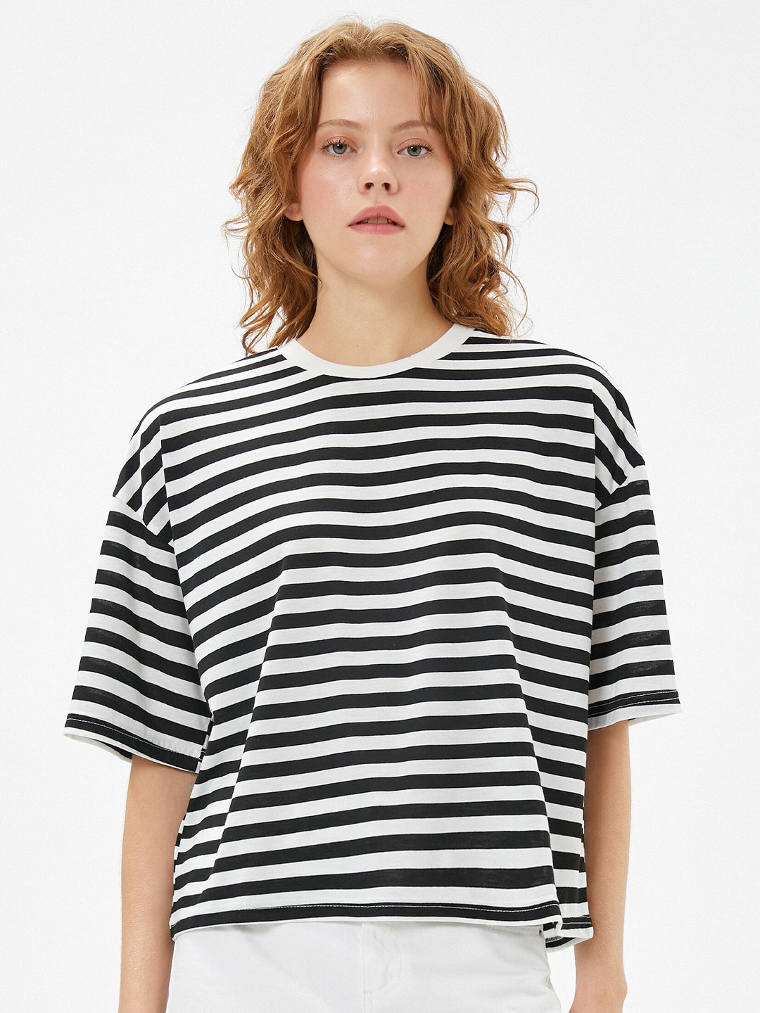 

Koton Striped Drop-Shoulder Sleeves T-Shirt, White