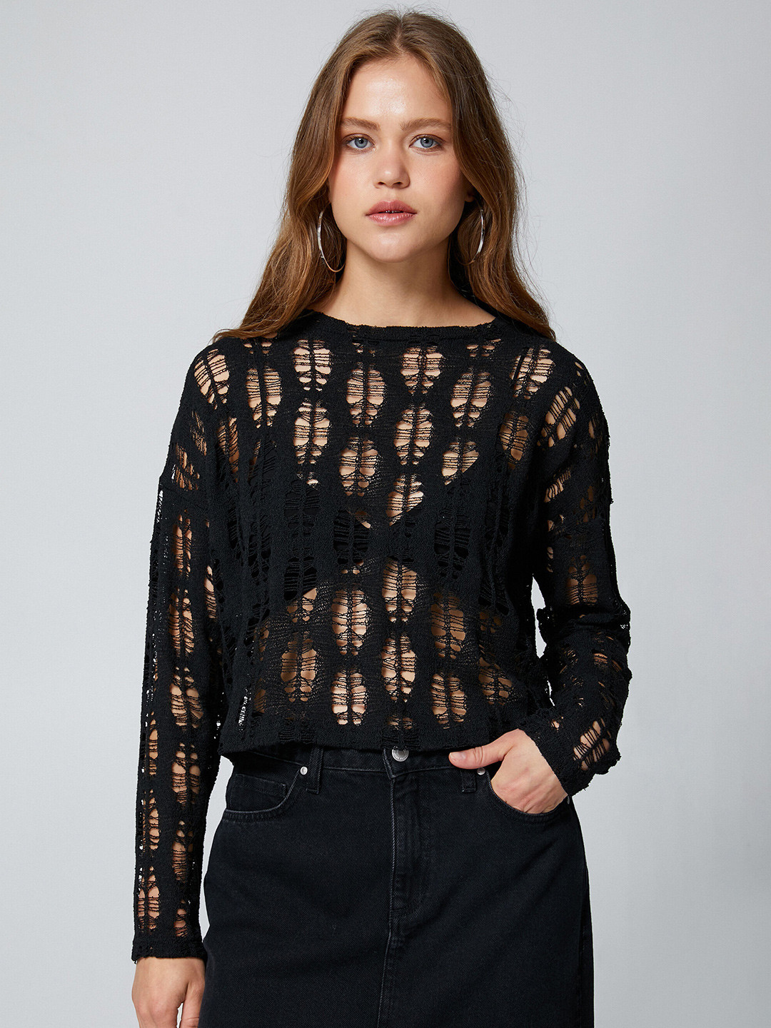 

Koton Self Design Semi Sheer Regular Top, Black