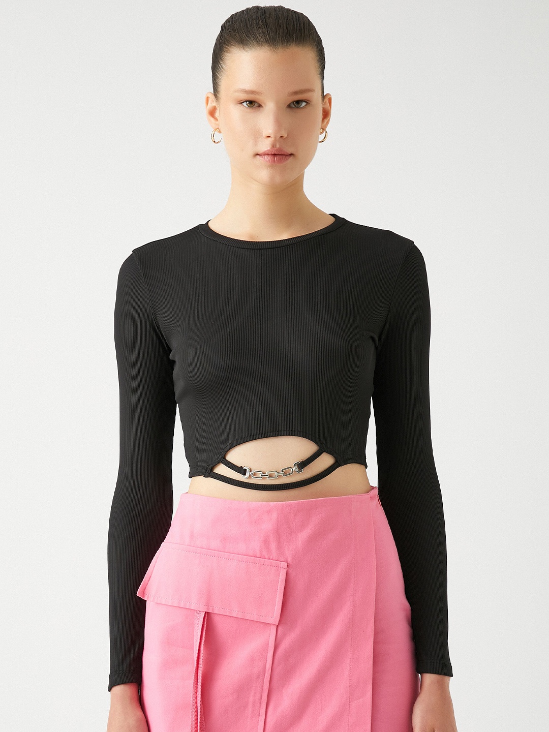 

Koton Ribbed Cut Outs Fitted Crop Top, Black