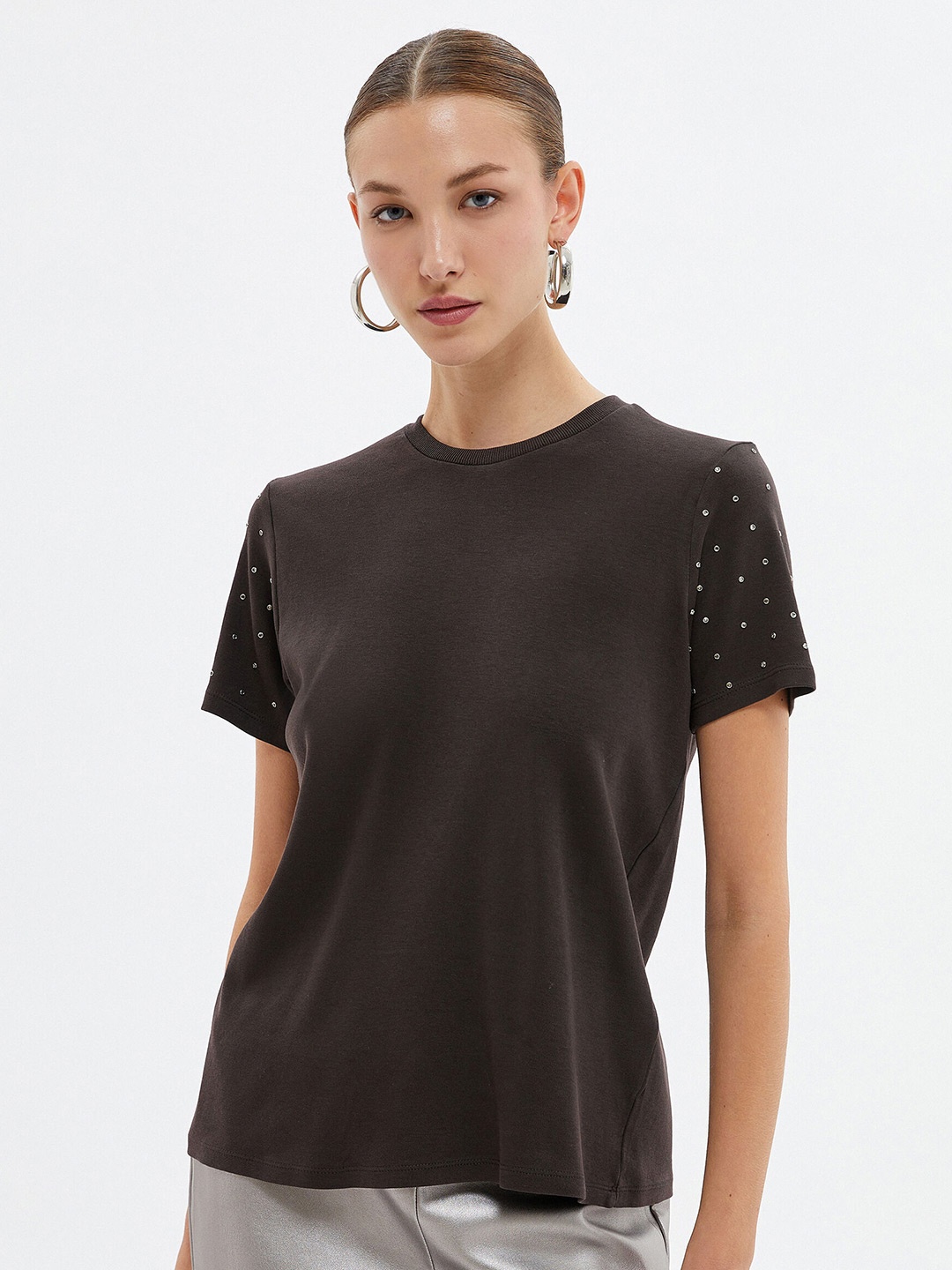 

Koton Embellished Pure Cotton T-shirt, Brown