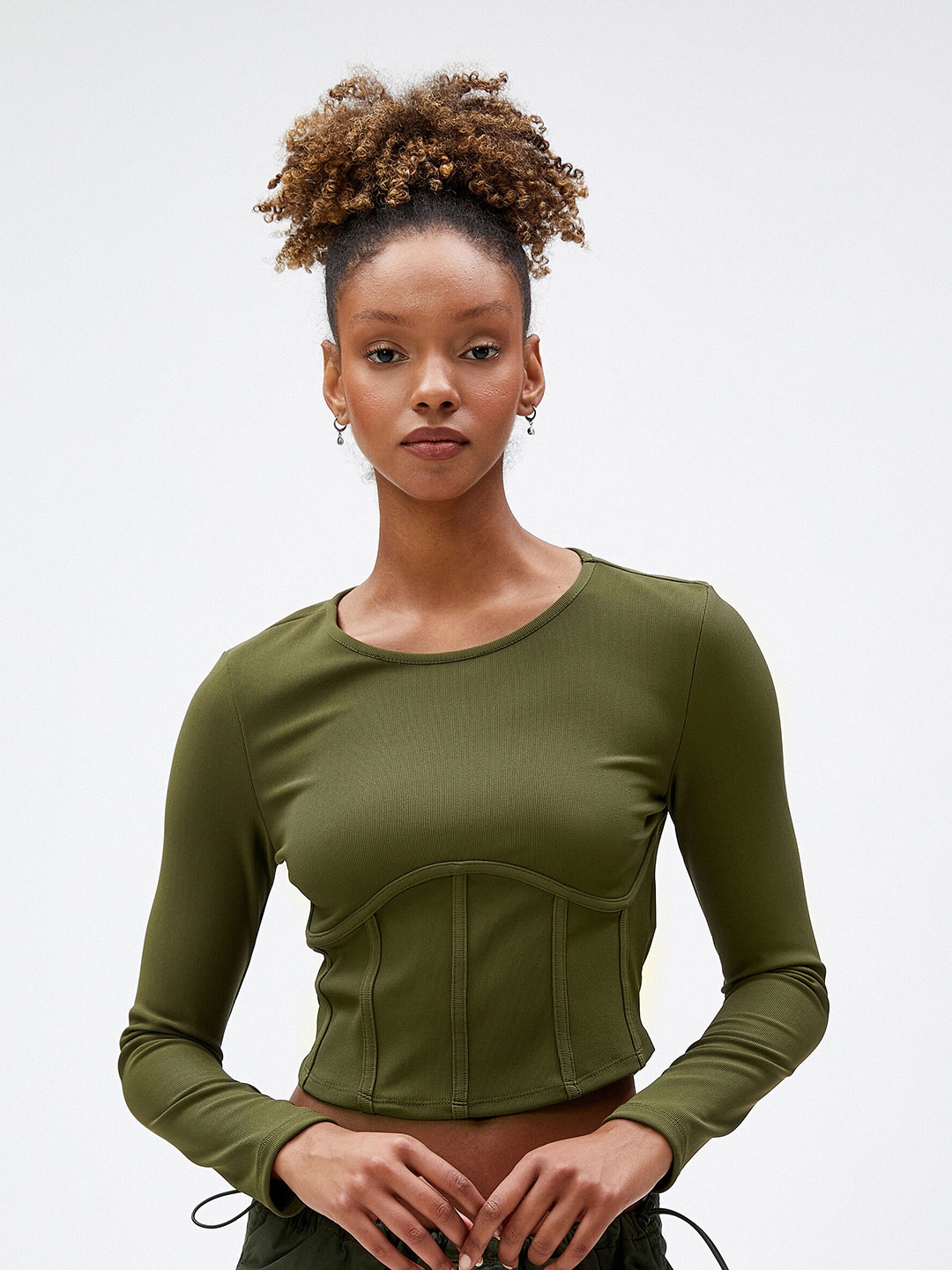 

Koton Striped Round Neck Long Sleeves Crop T-shirt, Olive