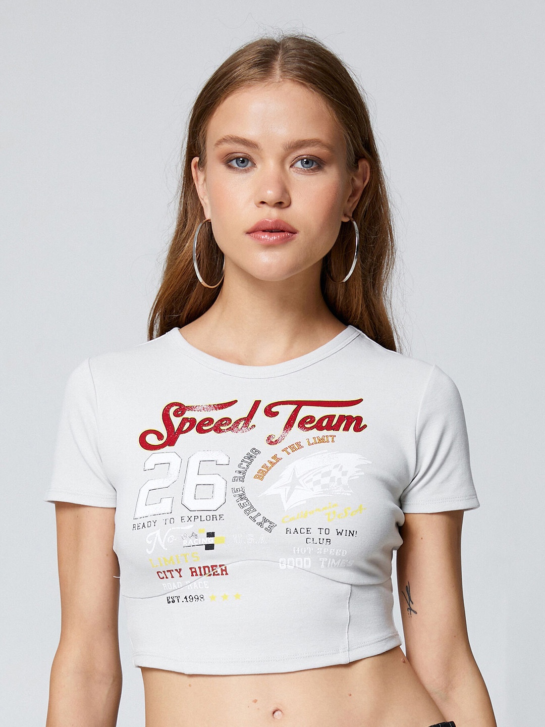 Koton Typography Printed Crop T-shirt, White