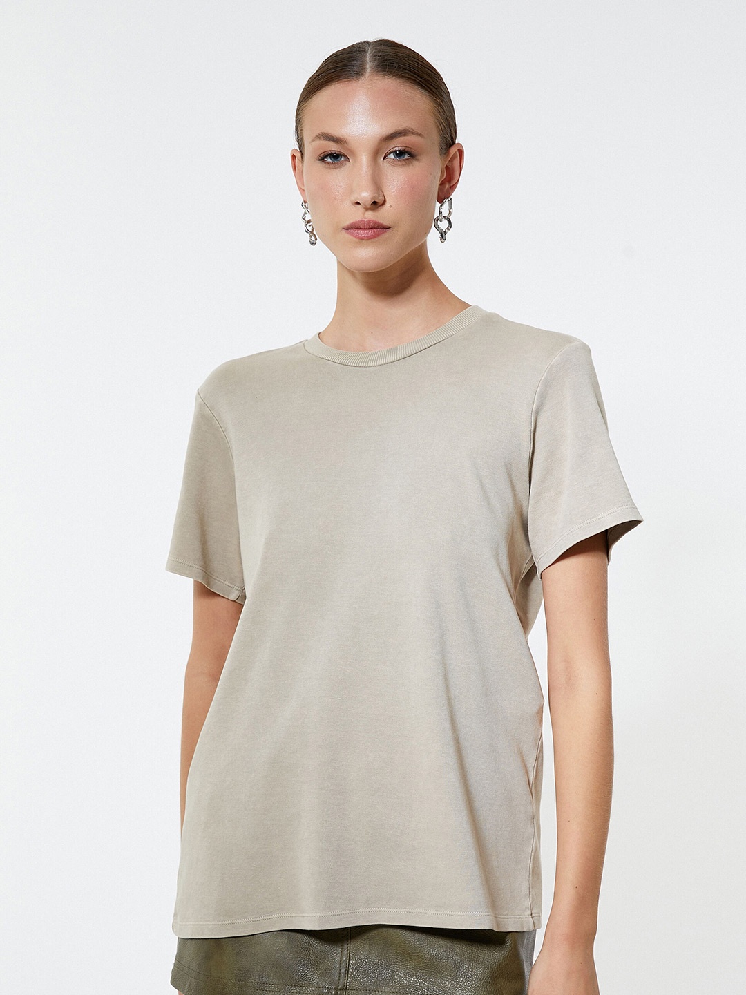 

Koton Round Neck Short Sleeves Regular Fit Cotton T-shirt, Beige