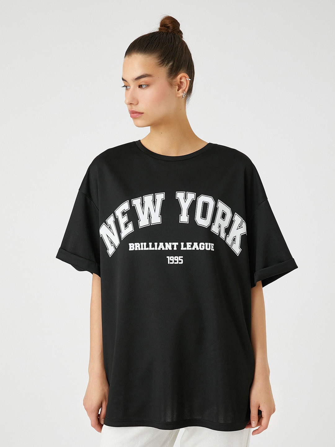 

Koton Typography Printed Round Neck Longline T-shirt, Black