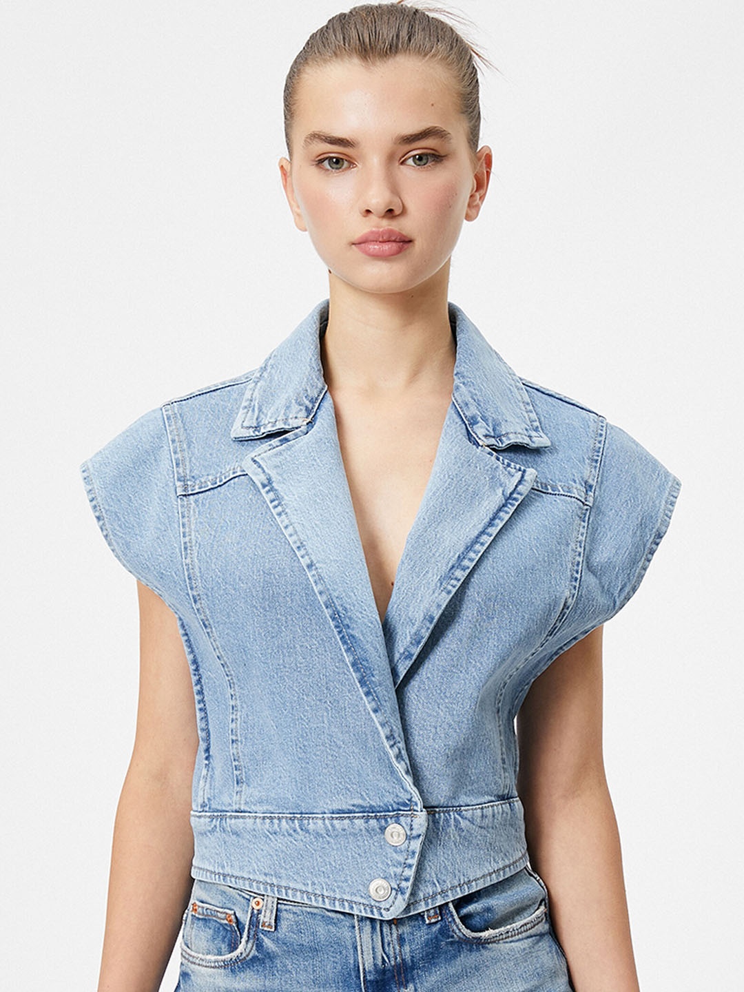 

Koton Notched Lapel Collar Denim Top, Blue
