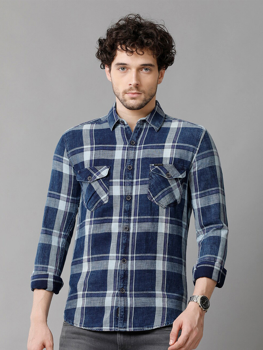 

Voi Jeans Classic Slim Fit Tartan Checked Pure Cotton Casual Shirt, Blue