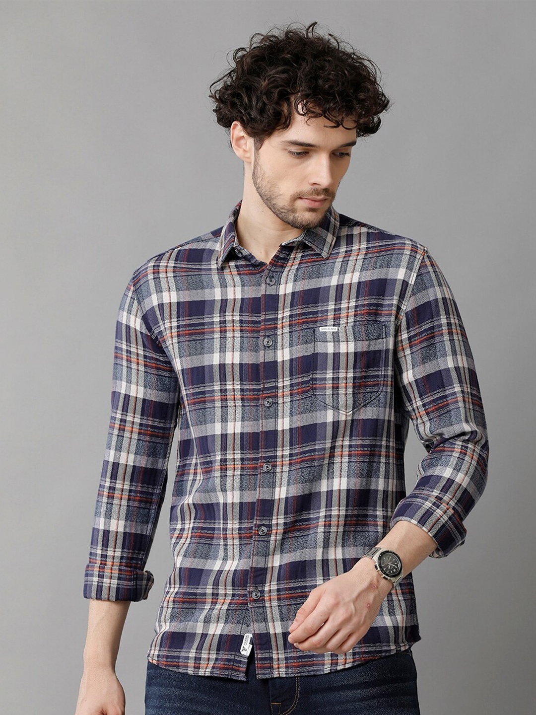 

Voi Jeans Classic Slim Fit Tartan Checked Pure Cotton Casual Shirt, Blue