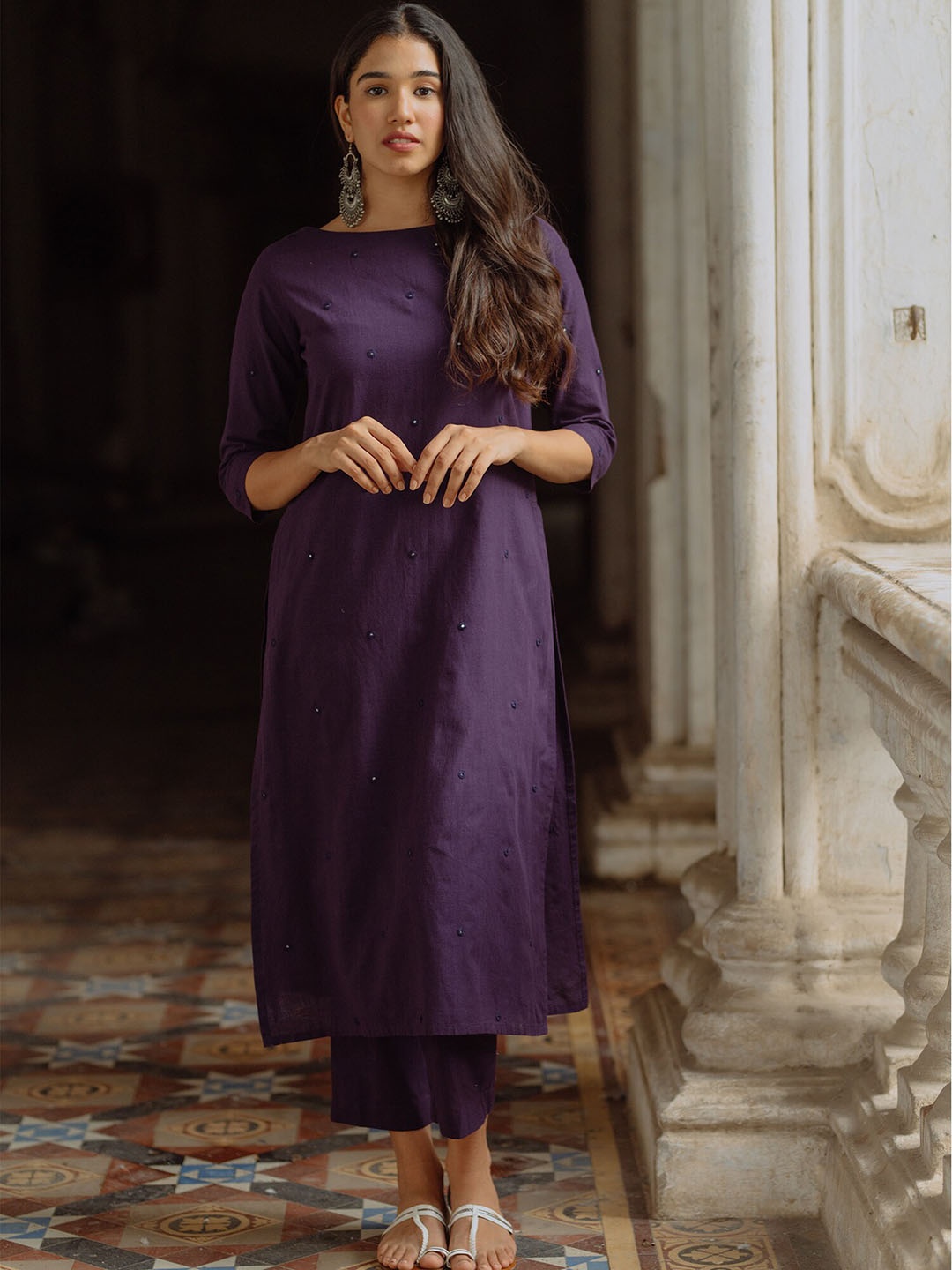 OKHAI Ethnic Motifs Embroidered Mirror Work Pure Cotton Kurta With Trousers, Purple