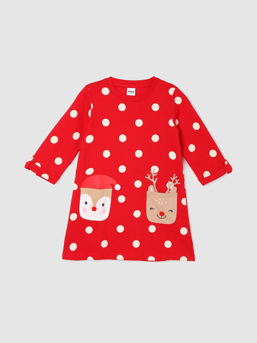 

max Girls Polka Dots Printed Roll-Up Sleeves Pure Cotton T-shirt Dress, Red