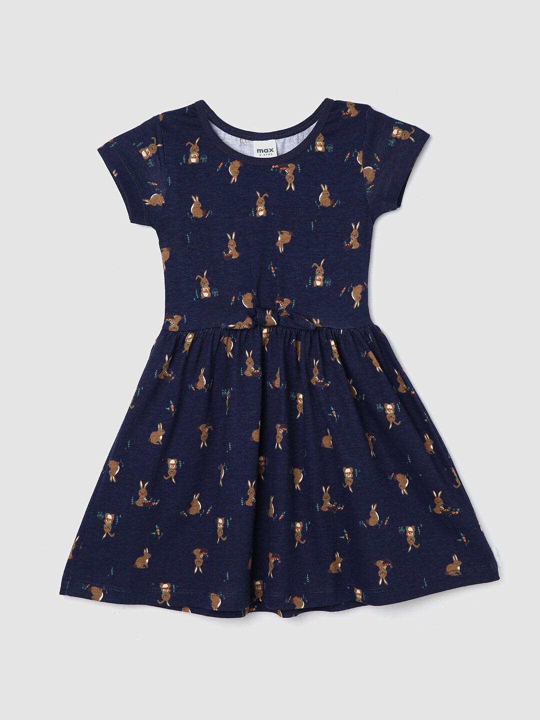 

max Girls Conversational Printed Pure Cotton Fit & Flare Dress, Navy blue