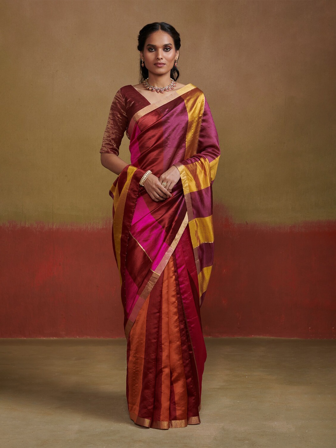 

Dressfolk Samyukta Colourblocked Zari Chanderi Pure Silk Saree, Mustard