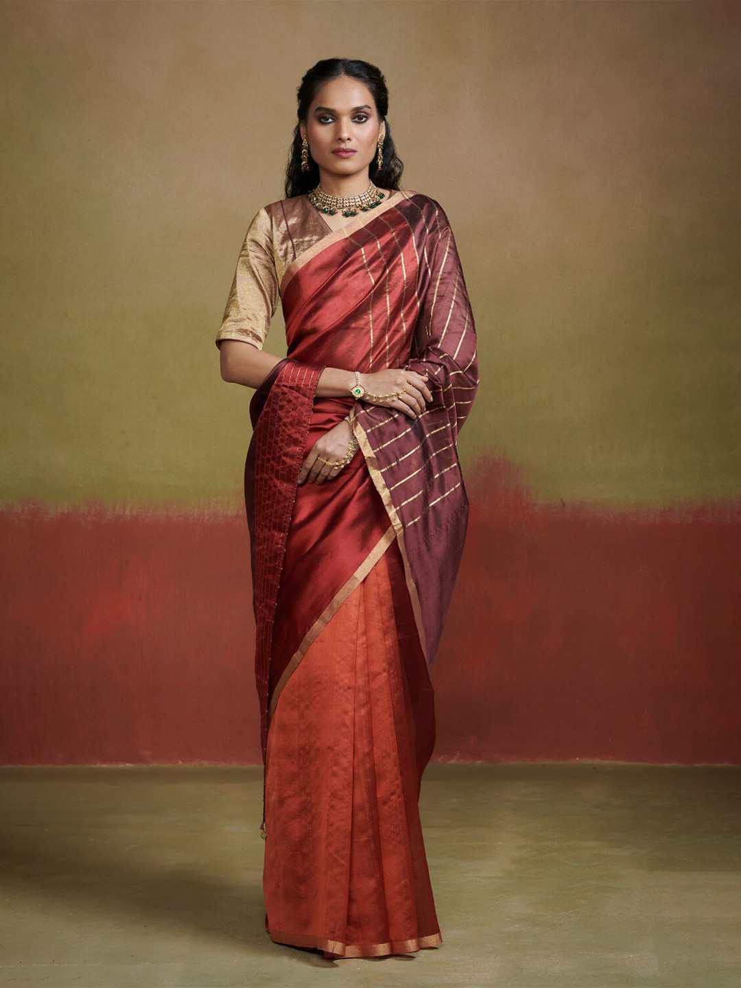 

Dressfolk Colourblocked Zari Pure Silk Saree, Orange